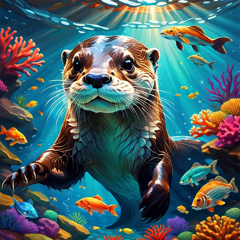 Otter Catching Fish in Coral Reef, Digital Art