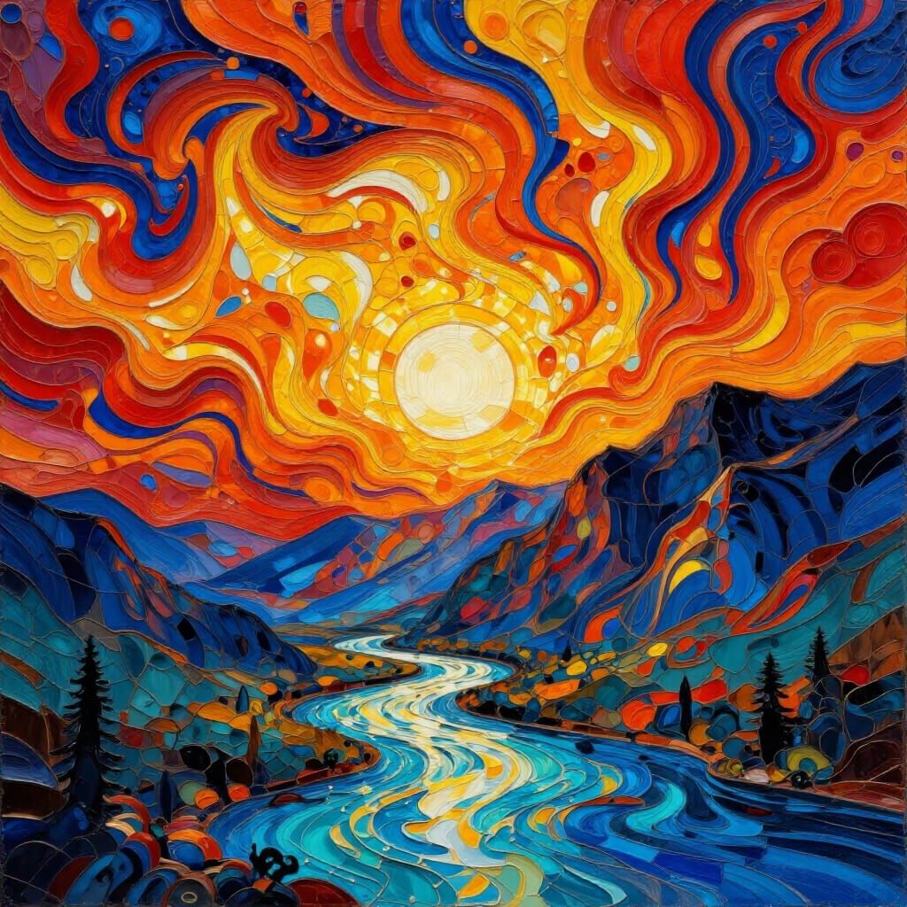Vibrant Abstract Mountain River Landscape in Fiery Sky