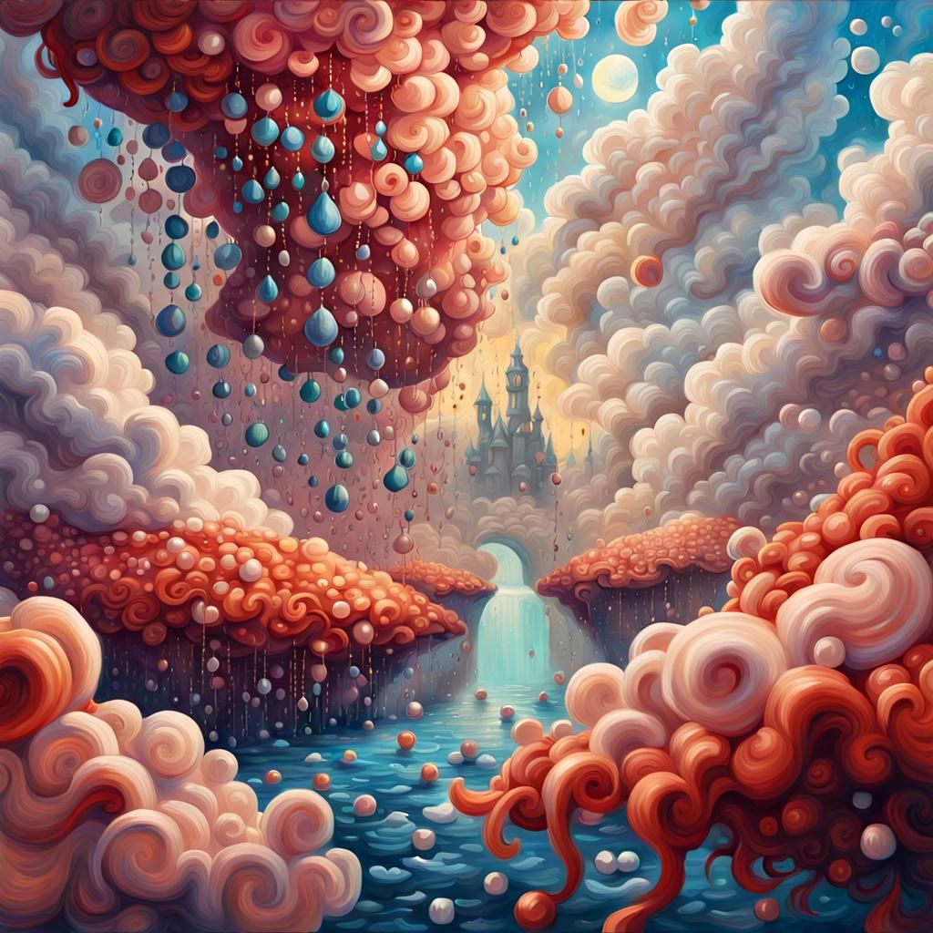 Pearl Rain from Cotton Cloud, Gouache Style