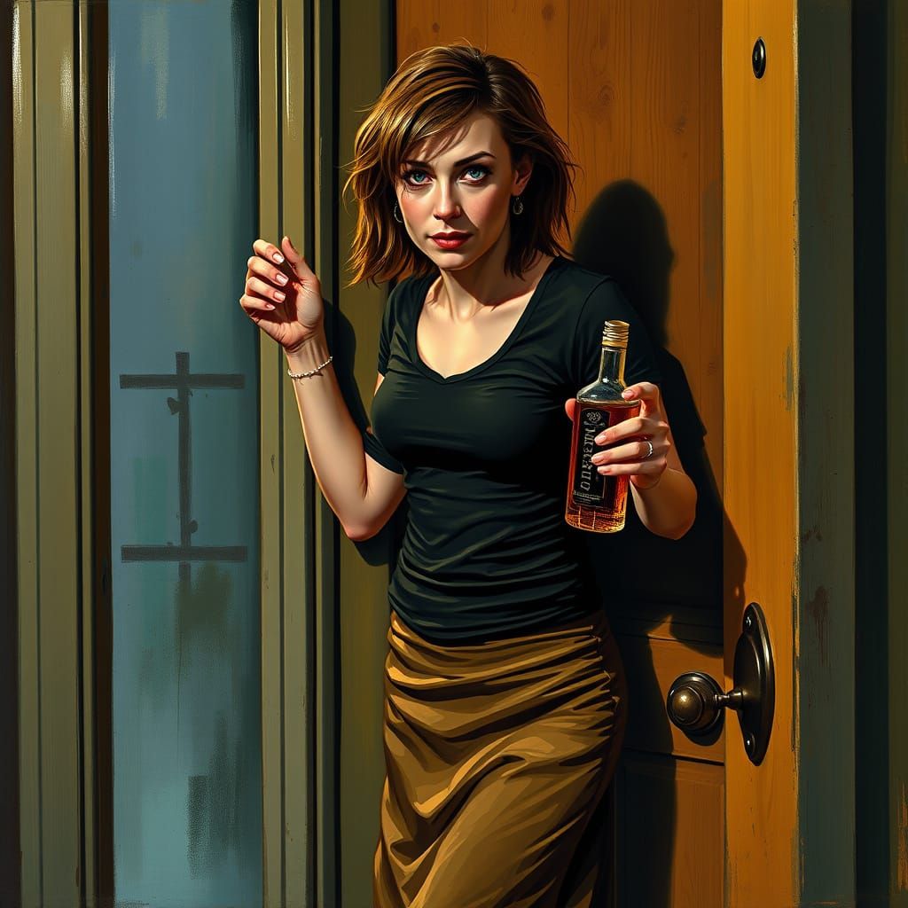 Expressionist Painting of Intoxicated Woman at Doorway