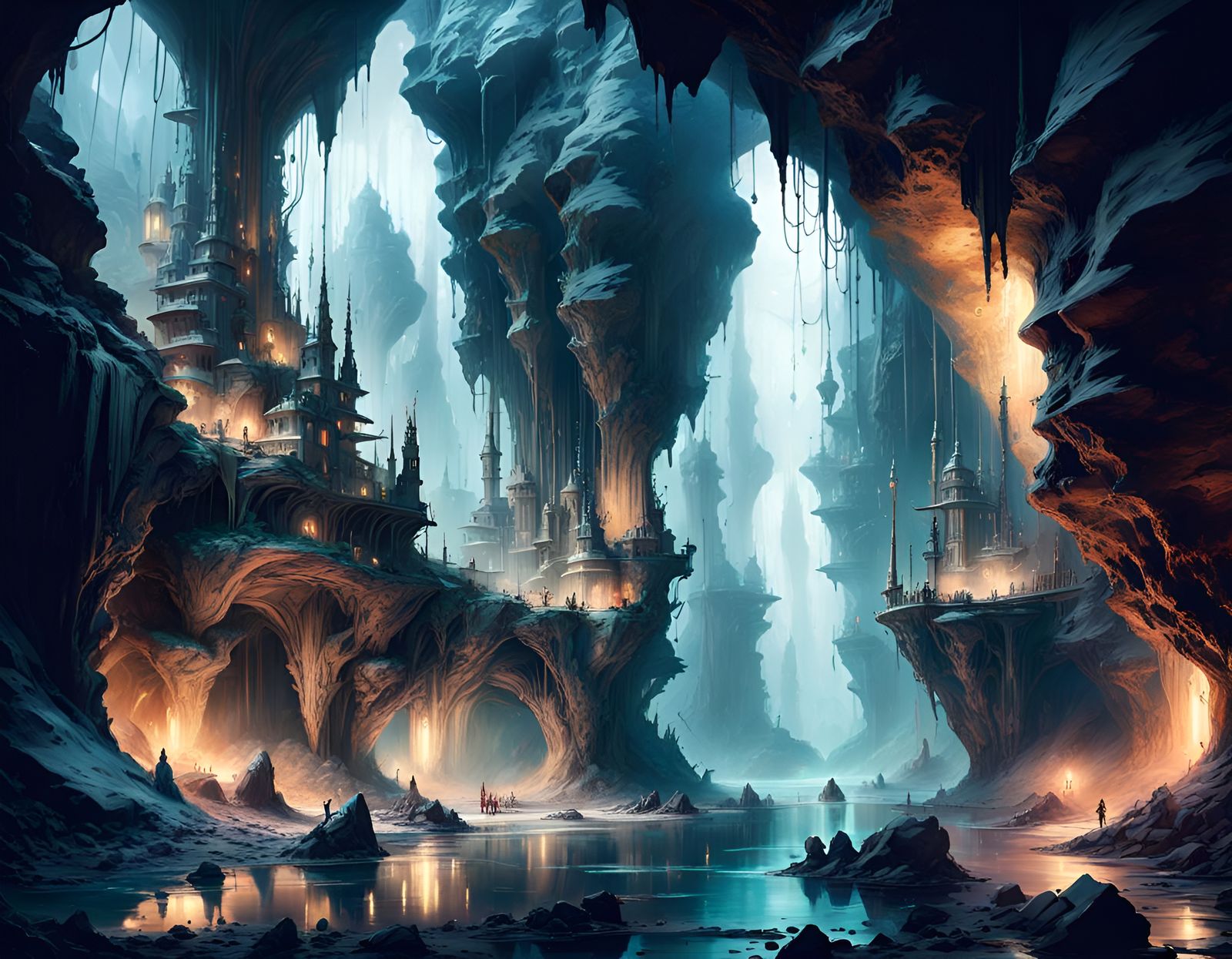 Cyberpunk Fantasy Metropolis in Glowing Cave