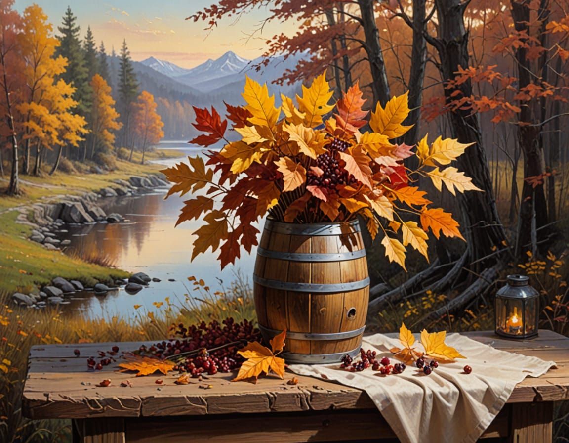Cozy Autumn Barrel Arrangement in Bob Ross Style