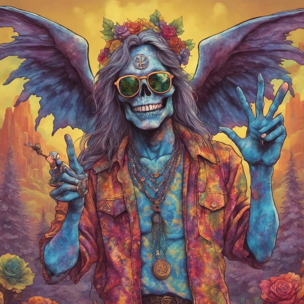 Hippie Gargoyle in Tie Dye, Detailed Matte Painting