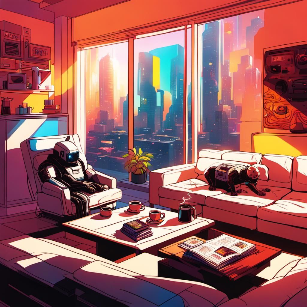 Sunlit Living Room with Pets in Cyberpunk Style