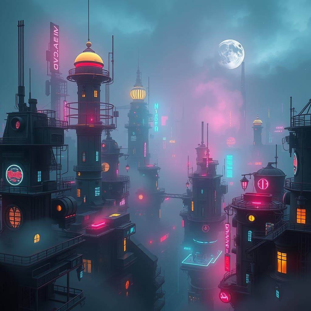 Whimsical Cyberpunk Cityscape with Neon Lights