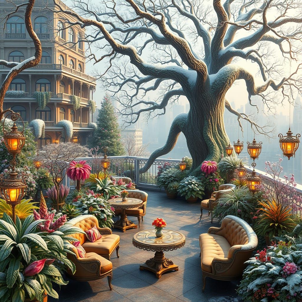 Winter Garden Oasis on Rooftop Building with Exotic Plants a...