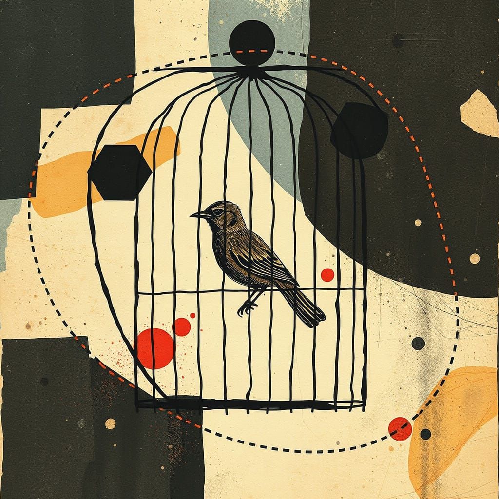 Constructivist Bird in Cage Abstract Art