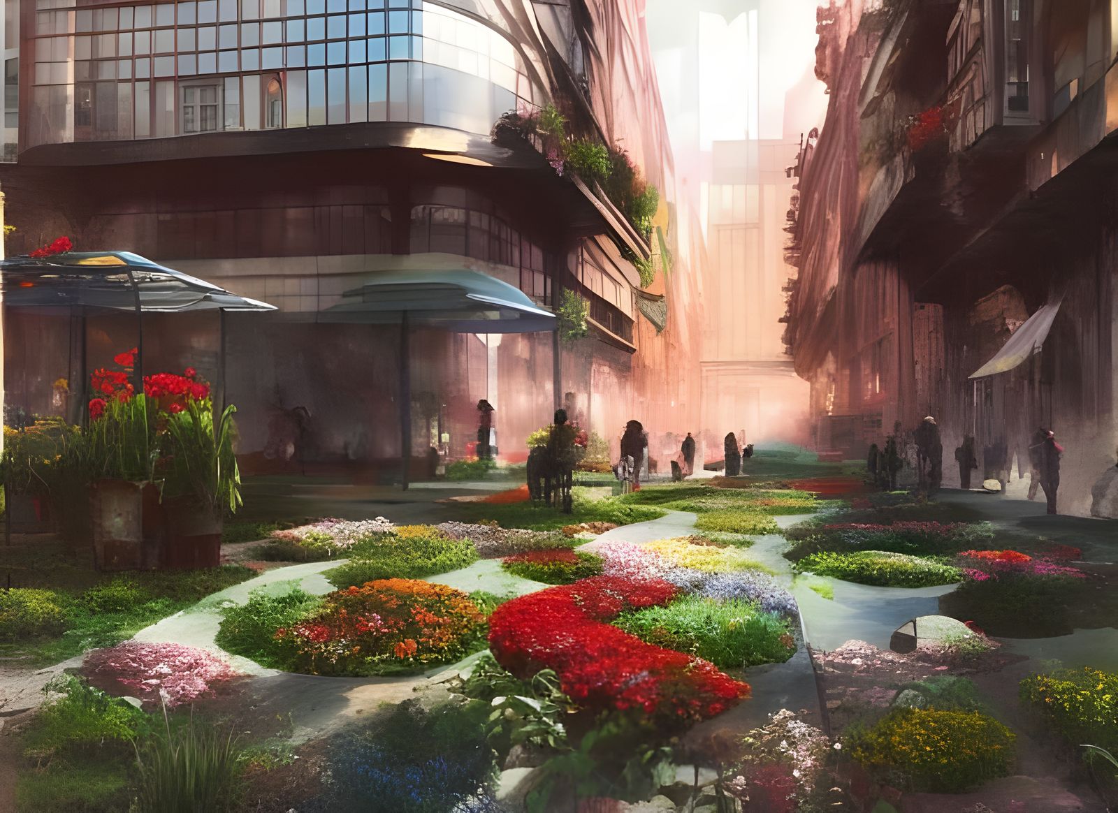 Shining Solarpunk Garden with Exotic Flowers