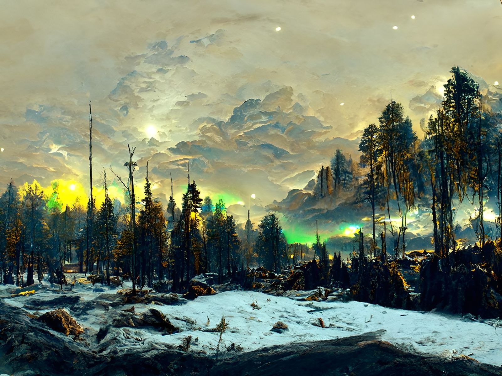 Post-Apocalyptic Winter Night Landscape with Aurora