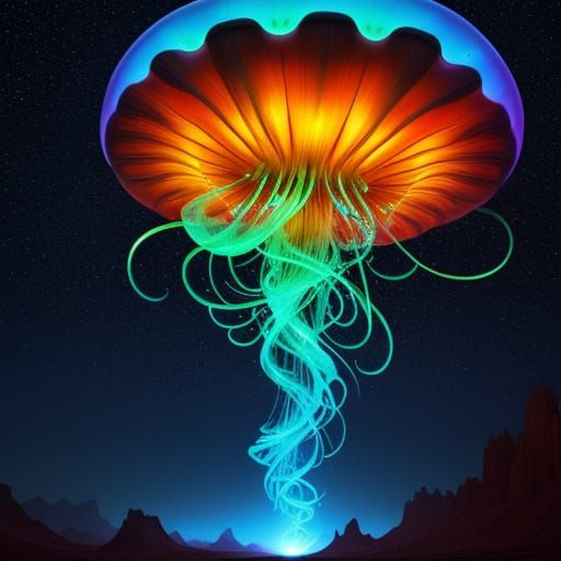 Ethereal Alien Jellyfish UFO Soars Through Desert Night Sky