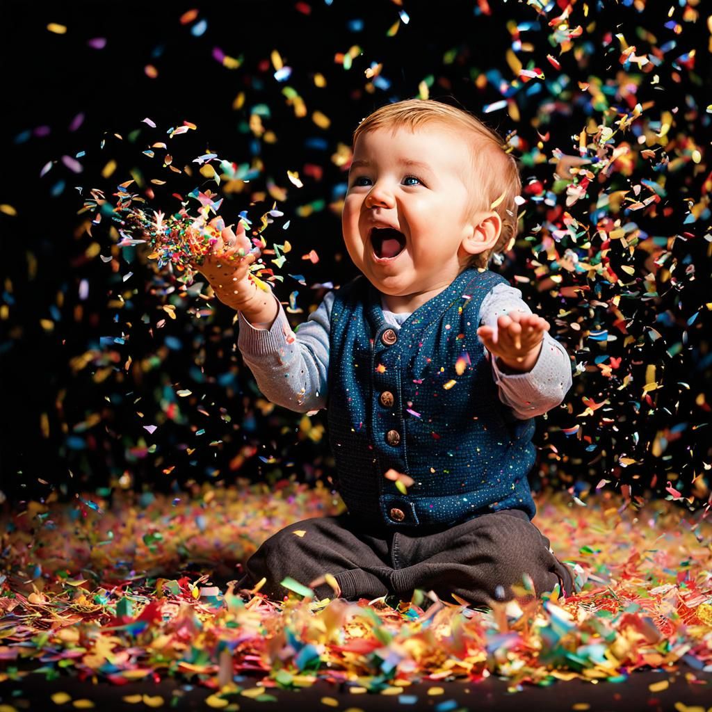 Toddler's Joyful Confetti Celebration: Hyperrealistic Fine A...