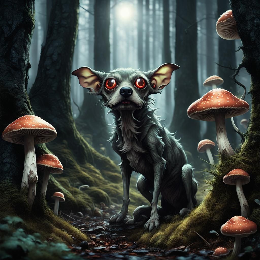 Eerie Pupster in Mystical Forest, Dark Fantasy Art