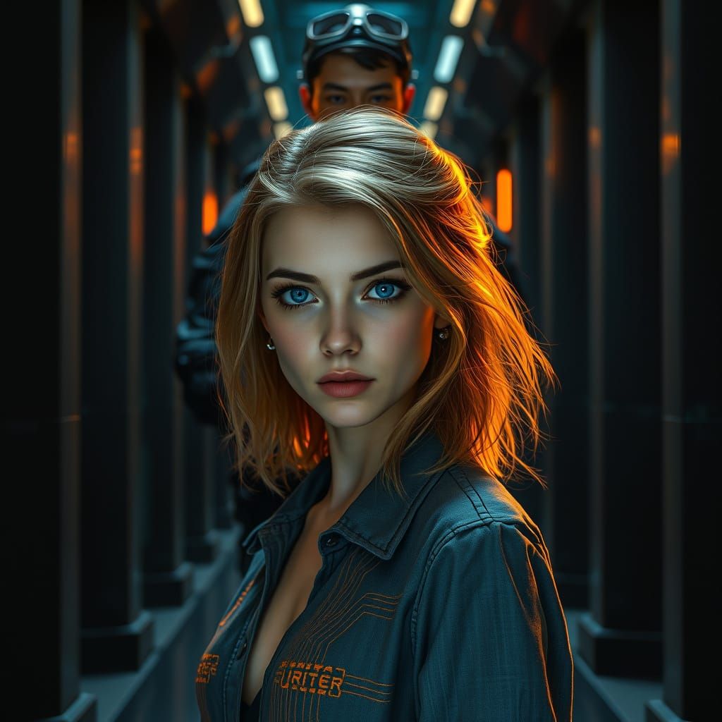 Futuristic Woman in Industrial Cyberpunk Hallway