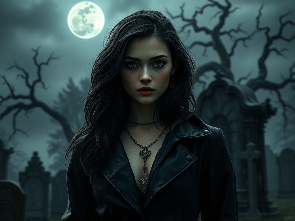 Mysterious Woman in Rainy Graveyard Under Moonlight