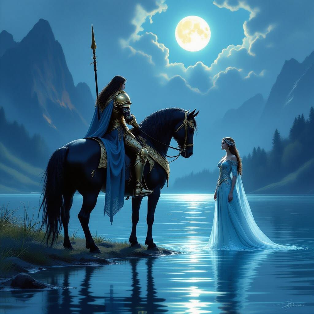 Knight Meets Lady of the Lake in Ethereal Watercolor