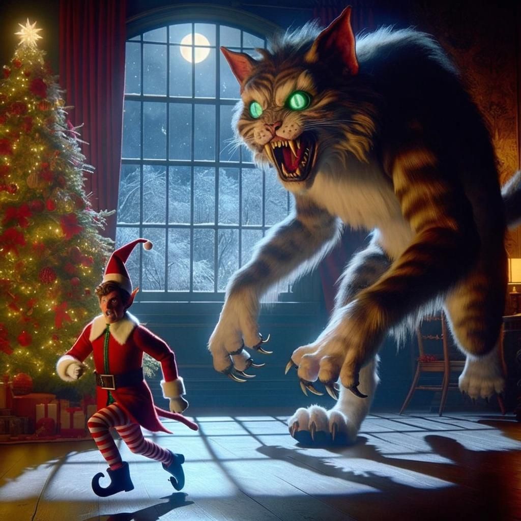 Elf's Escape: Menacing Cat Chase at Christmas