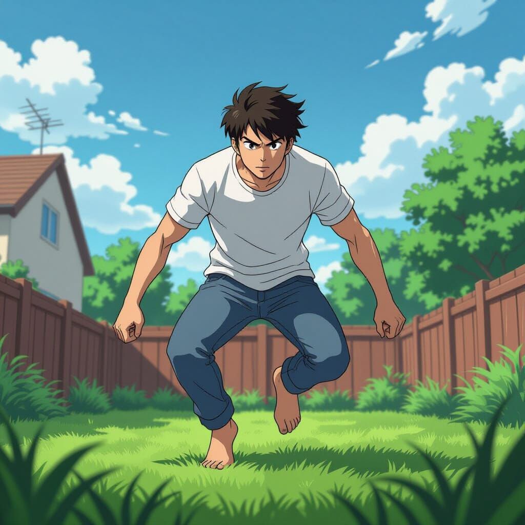 Man Leaps Barefoot in Garden in Manga Style