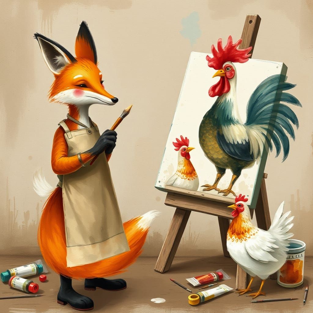 Fox Painter Creates Chicken Art in Watercolor Style