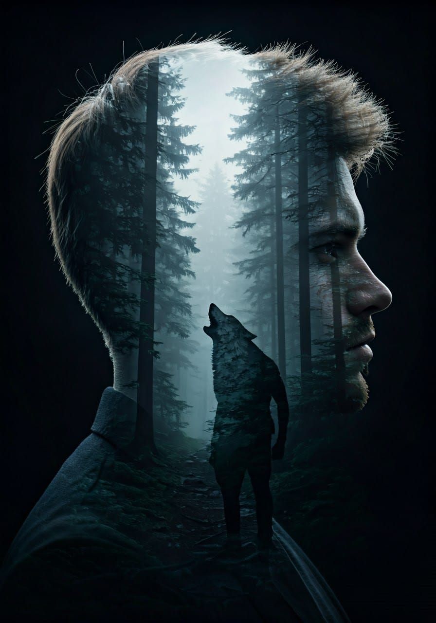 Wolf Silhouette in Dark Woods, a Mysterious Double Exposure