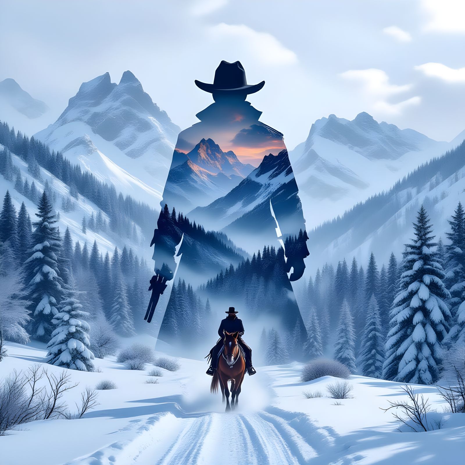 Arthur Morgan Silhouette Merged with Winter Frontier Landsca...