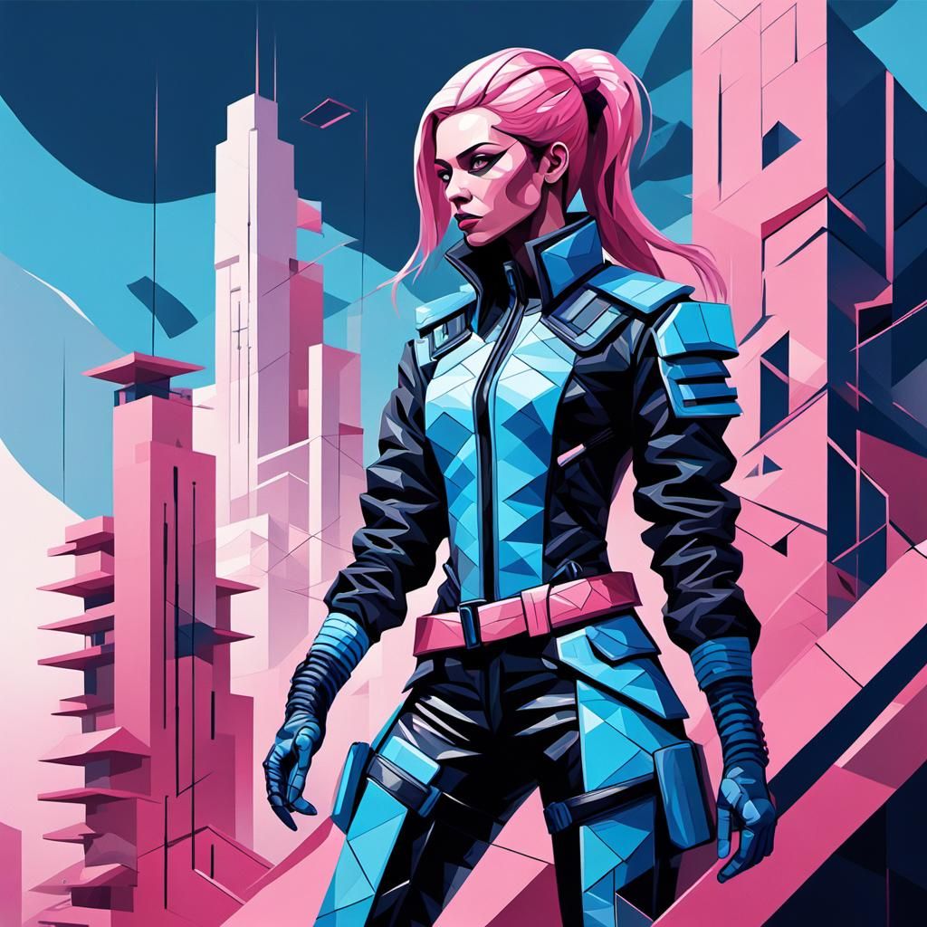 Cyberpunk Snakehead Female on Rooftop in Cubist Style