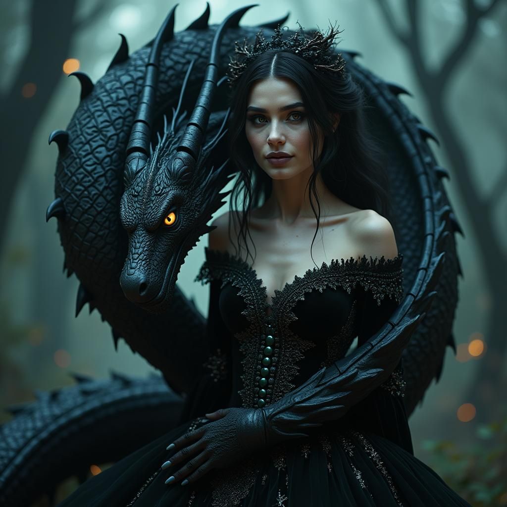 Gothic Woman and Dragon in Art Nouveau Style