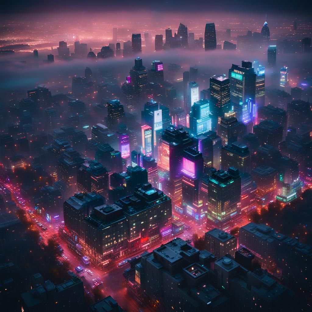 Cyberpunk Cityscape from Mont-Royal: Aerial View