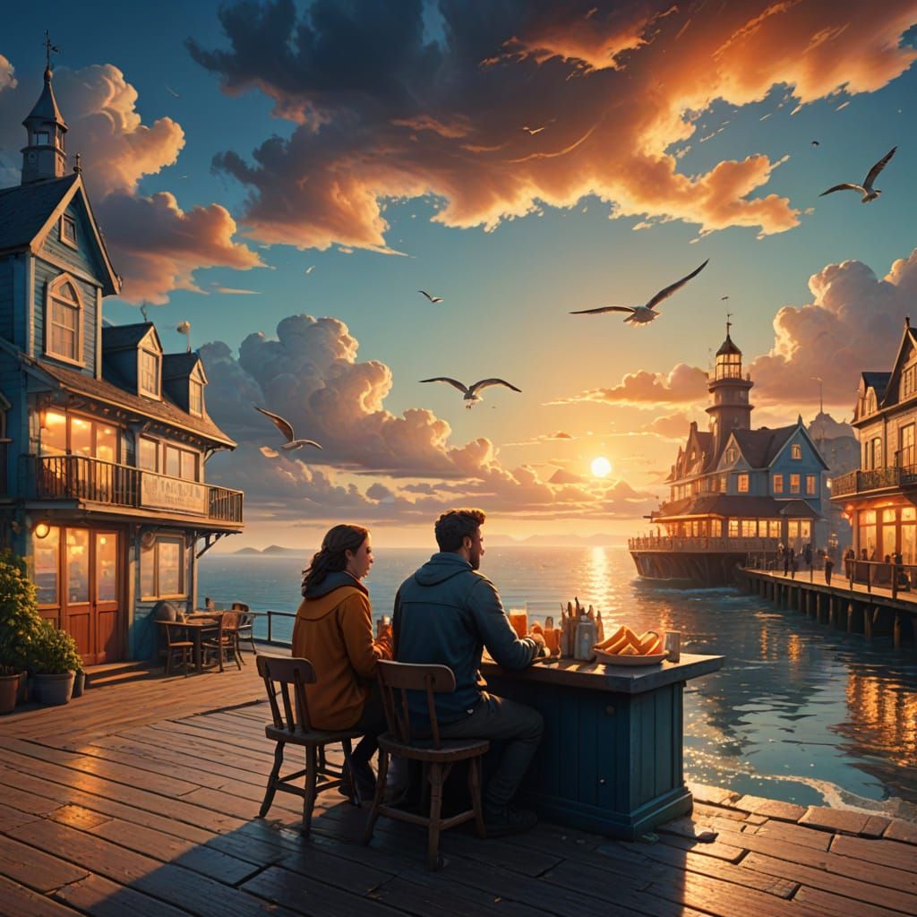 Seaside Pier Scene in Vibrant Fantasy Art
