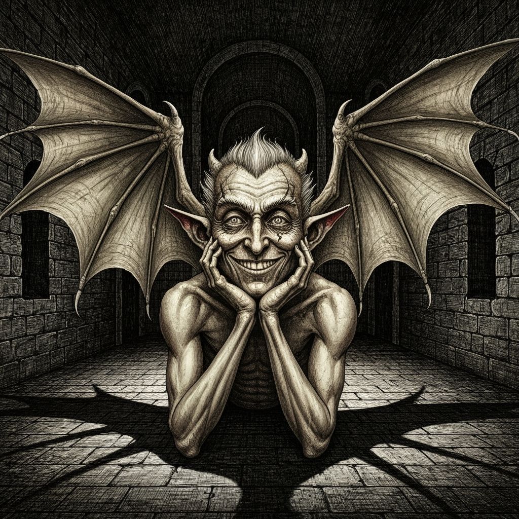 Imp in Dungeon: Black Ink Lithography Style