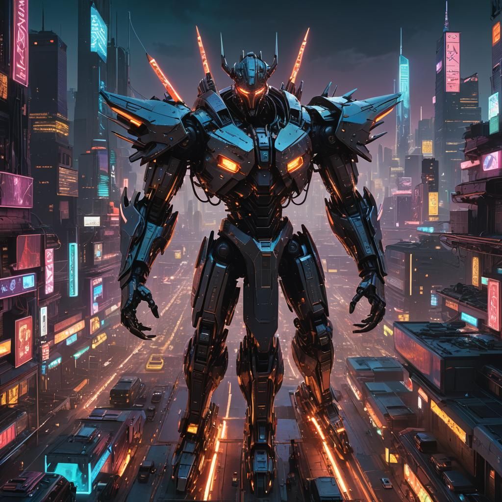 Neon Swords Behemoth in Cyberpunk Urban Sprawl