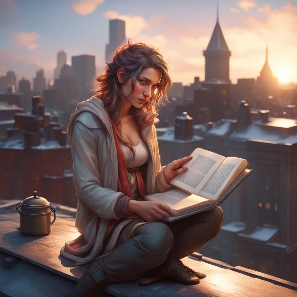 Detailed Portrait of Reader on Roof, Art Nouveau Style