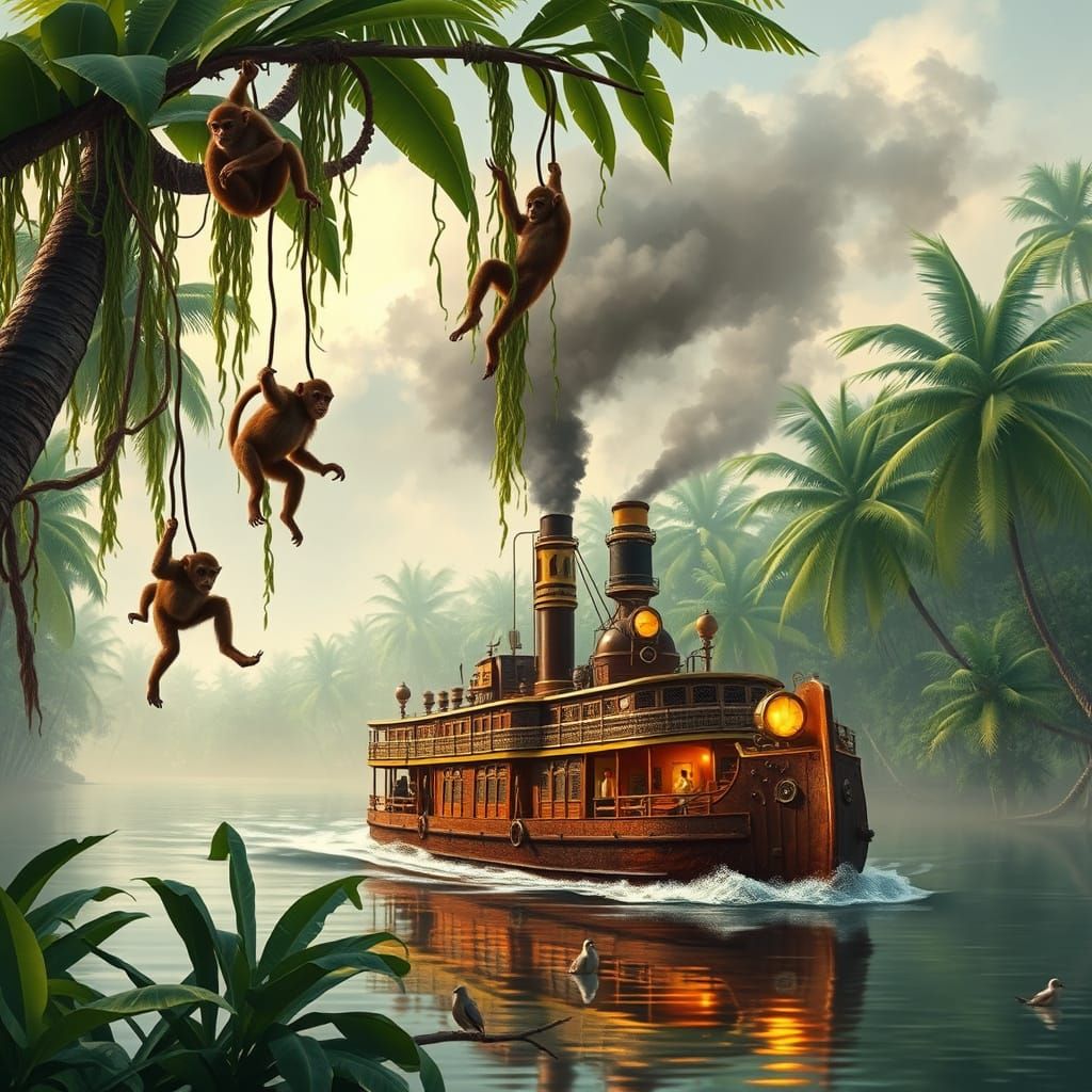 Steamboat in Tropical Steampunk Landscape