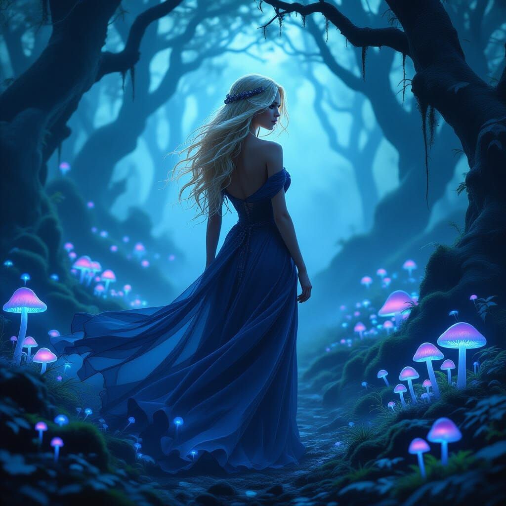 Ethereal Blonde in Bioluminescent Dark Fantasy Grove