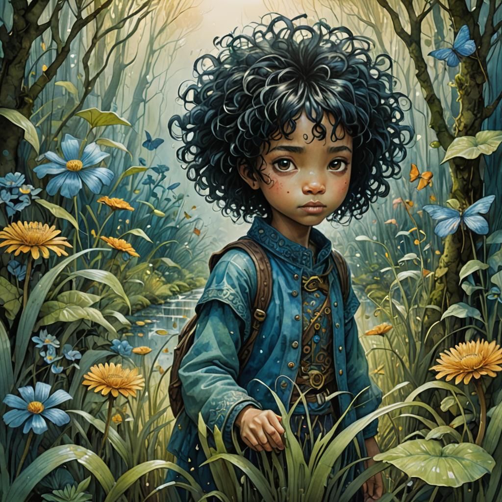 Miniature Girl's Surreal Garden Journey: Watercolor Art