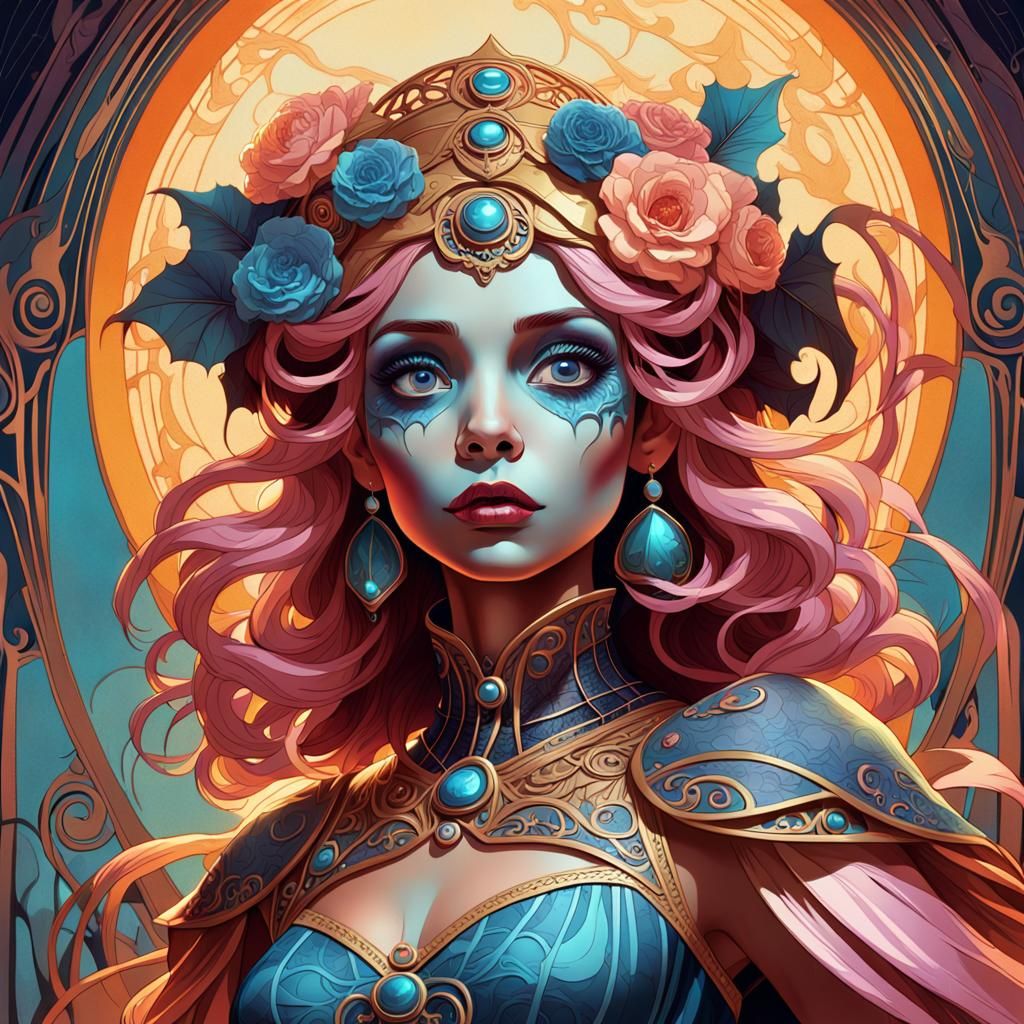Halloween Woman Portrait in Art Nouveau Style