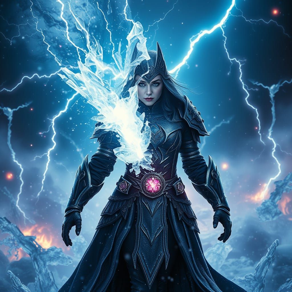 Icy Heroine Amidst Frozen Chaos: Cinematic Digital Art
