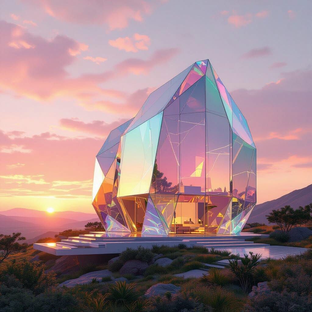 Futuristic Crystal House at Sunset: Minimalist Architecture