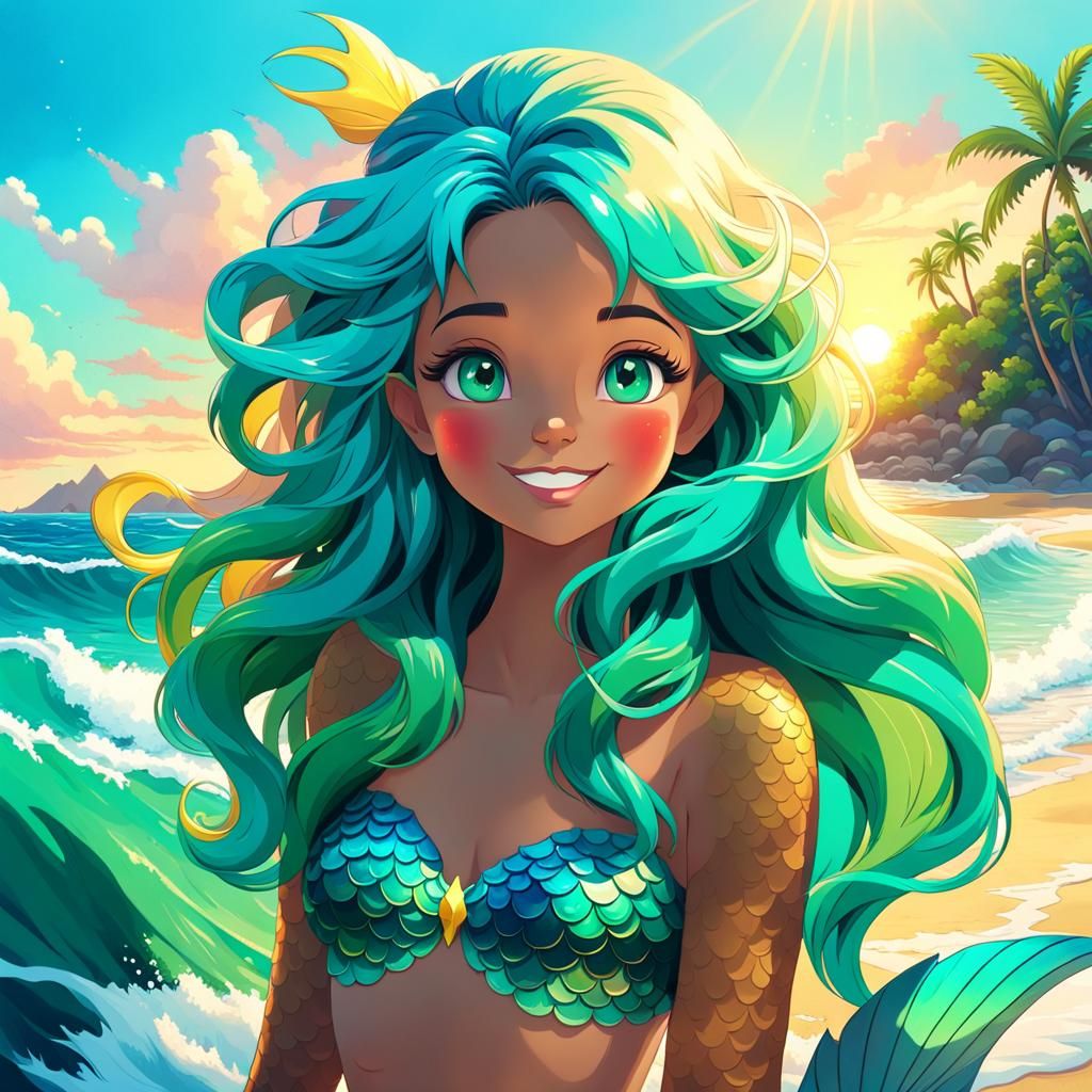 Anime Mermaid Portrait in Warm Sunset Colors