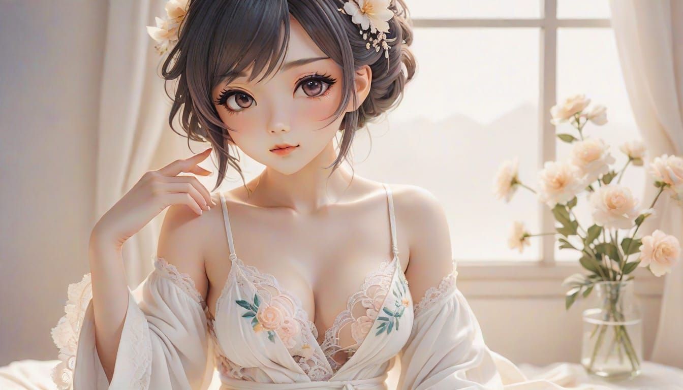 Full body view of a beautiful chibi anime babe, with sun-kissed tan skin and long blonde hair.  She is sitting and has a...