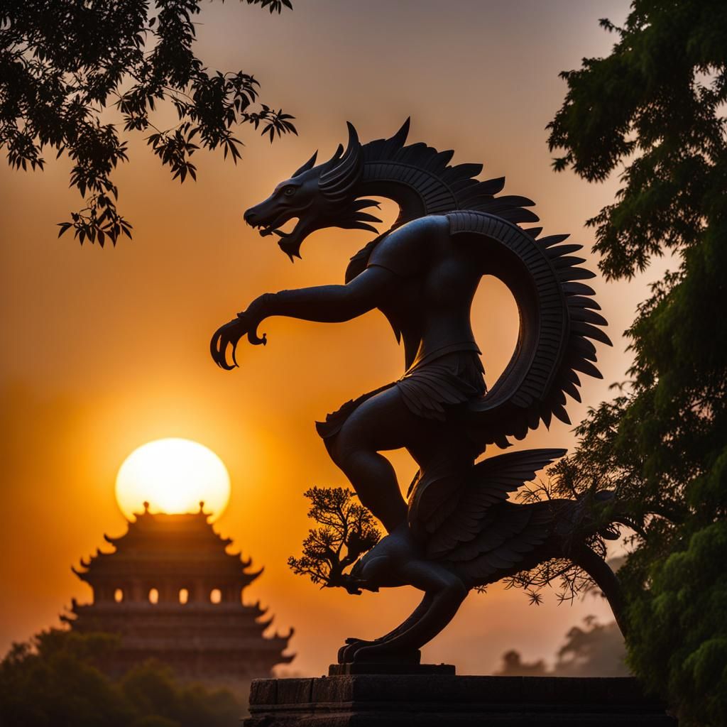 Mythological Creature in Ancient City at Sunrise