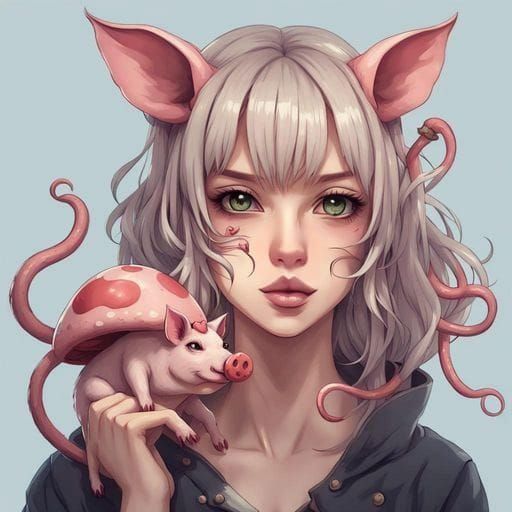 Anime Pig-Nosed Catgirl with Tentacle Mushroom