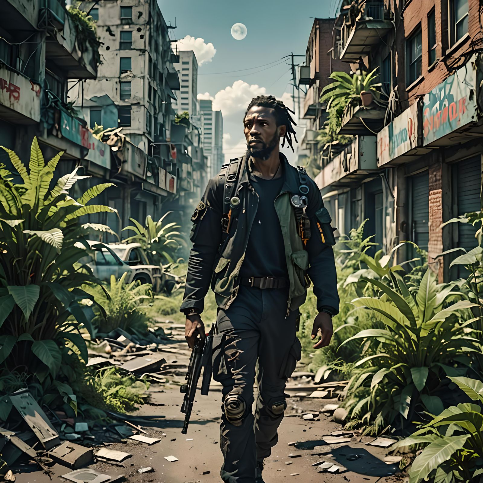 Cyberpunk Jamaican Man in Ruined Post-Apocalyptic City