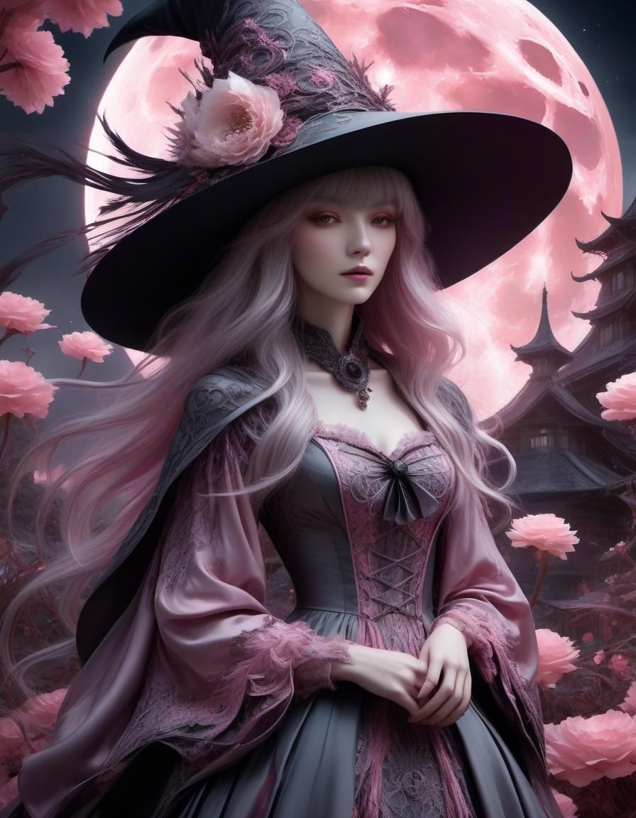 Spectral Witch in Moonlit Rose Garden, Digital Art