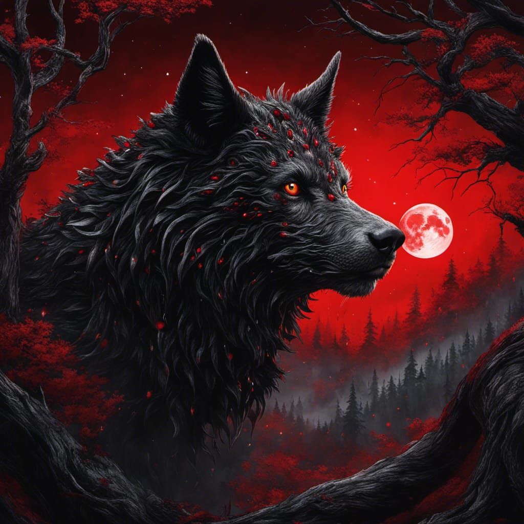 Gothic Horror Beast Under Red Moon in Graffiti Art Style