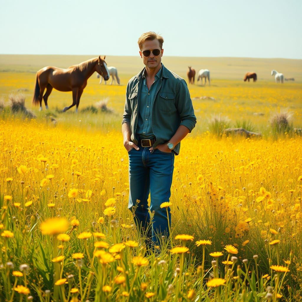 Golden Fields with Majestic Horses in Oil Painting Style