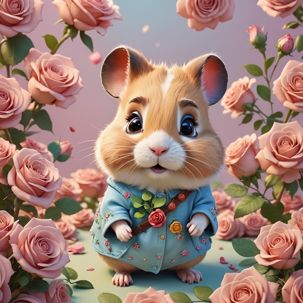 Hamster Girl in Asterix Style Among Roses
