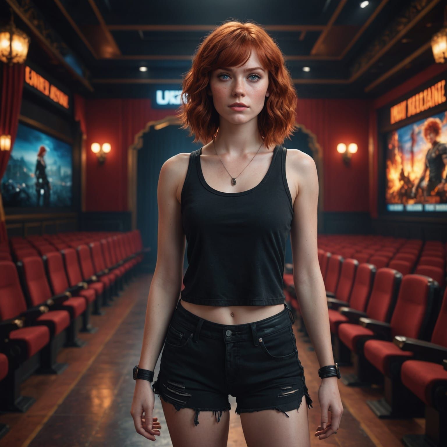 Red-Haired Woman at Movie Theater, Detailed Digital Art