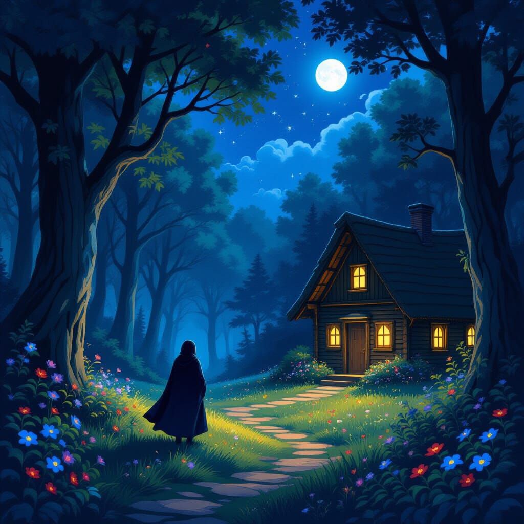 Enchanted Forest Night Escape: Hidden Cabin Under Starry Sky