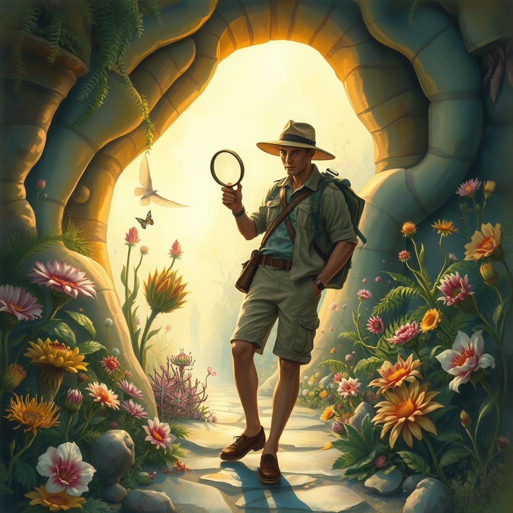 Botanist in Alien Garden, Arthur Rackham Style