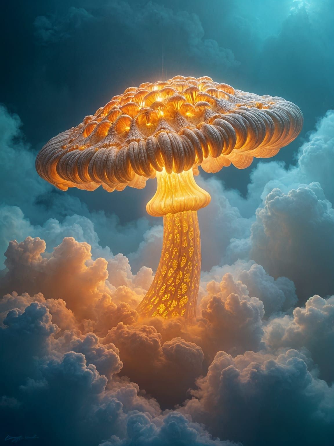 Ethereal Glowing Mushroom on Heavenly Clouds